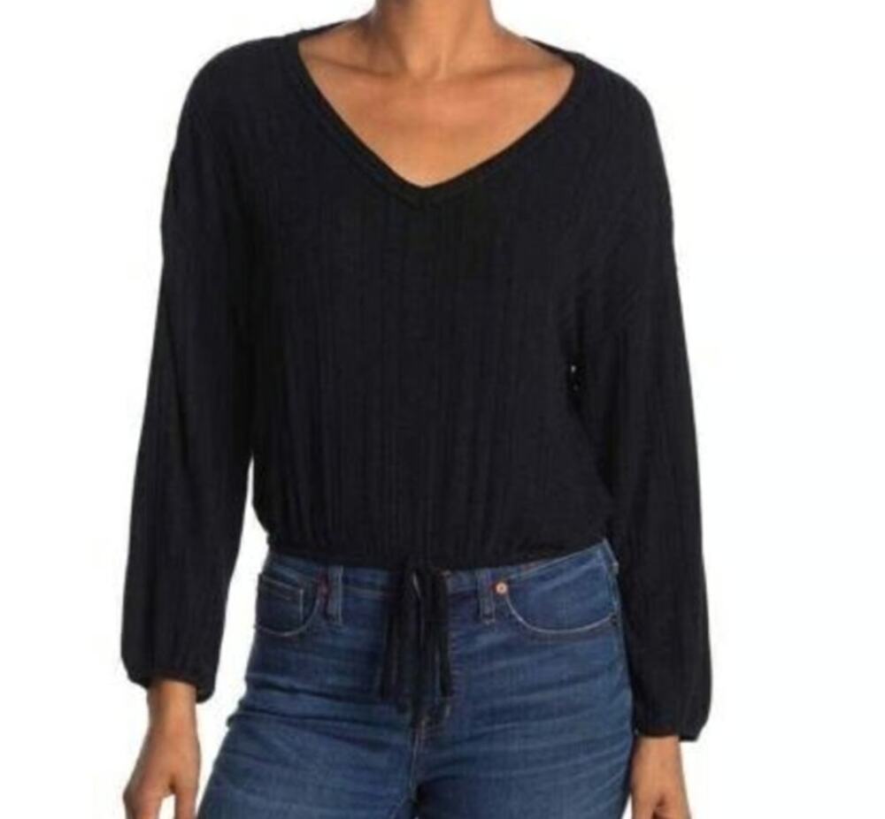 White Willow Women's Long Sleeve Ribbed Drawstring Hem Top gray large Retail $78